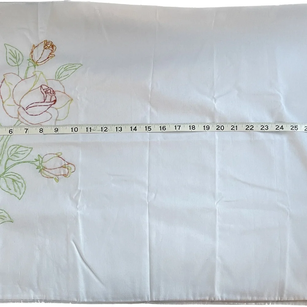 Vintage Embroidered Rose Pillowcases White Pair 29.5” by 20.5”